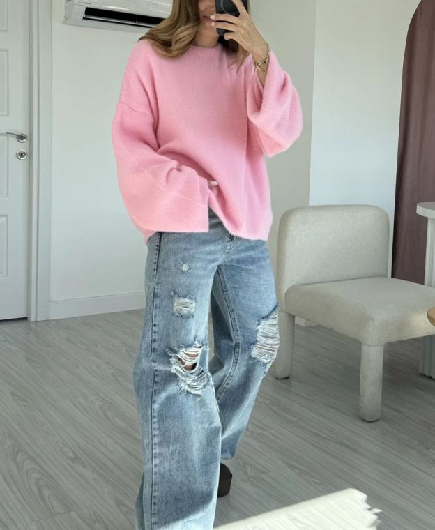 Pink Wide Sleeve Bearded Oversize Sweater