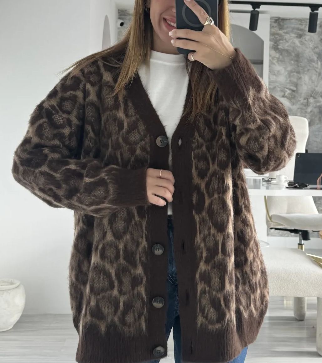 Brown V Neck Leopard Patterned Furry Cardigan
