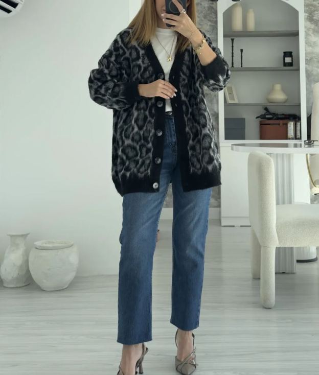 Black V Neck Leopard Patterned Furry Cardigan