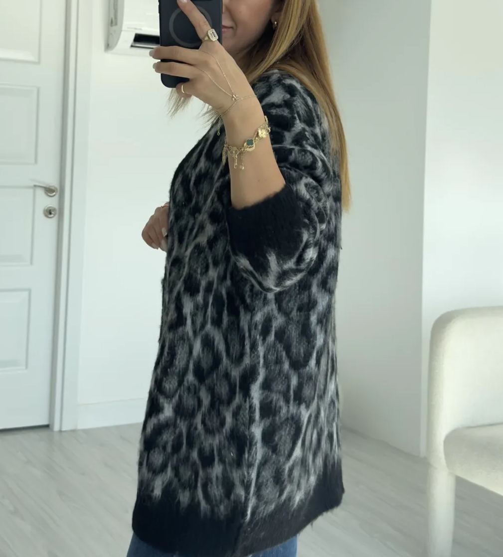 Black V Neck Leopard Patterned Furry Cardigan