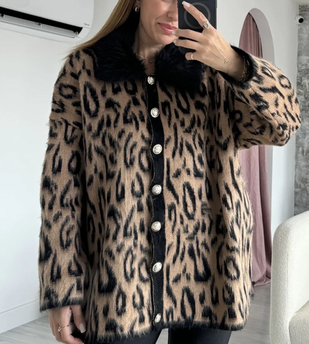 Black Fur Collar Gold Buttoned Cardigan