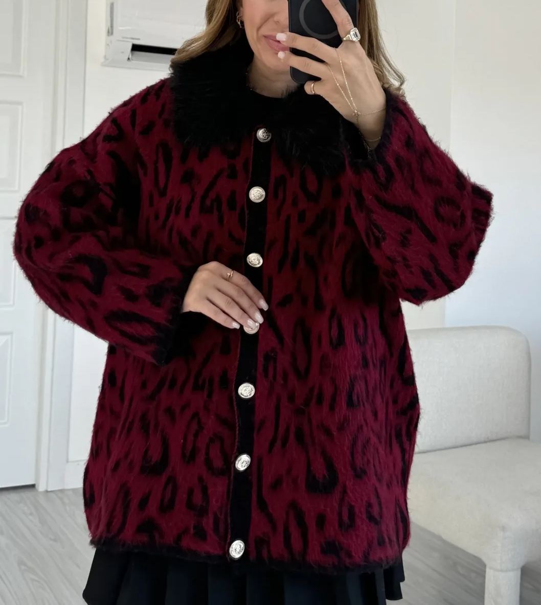 Burgundy Fur Collar Gold Buttoned Cardigan