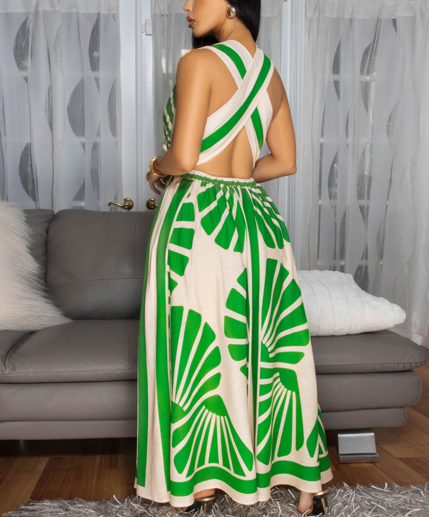 Abielle Kelly-Green Nude Print CrissCross Back Midi Dress
