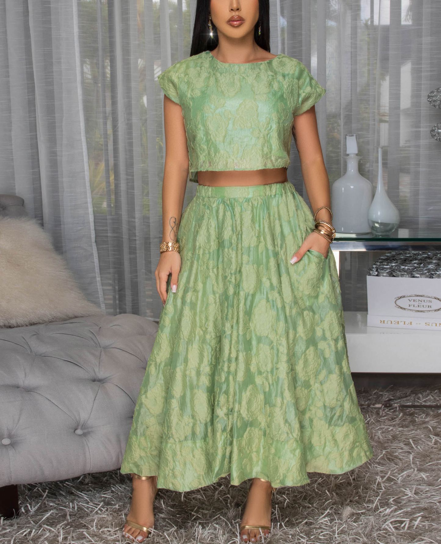 Desideria Olive Green Textured Top & Skirt Set