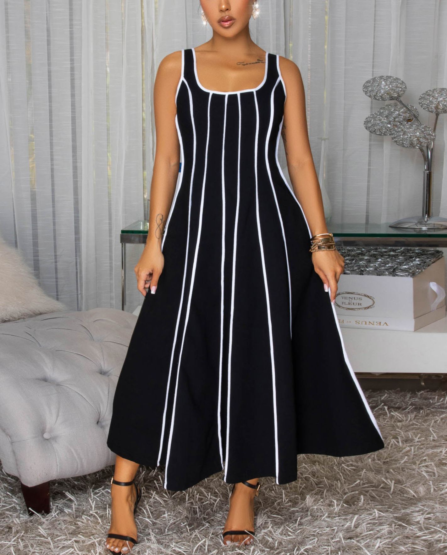 Samantha Black White Stripes Linen Midi Dress