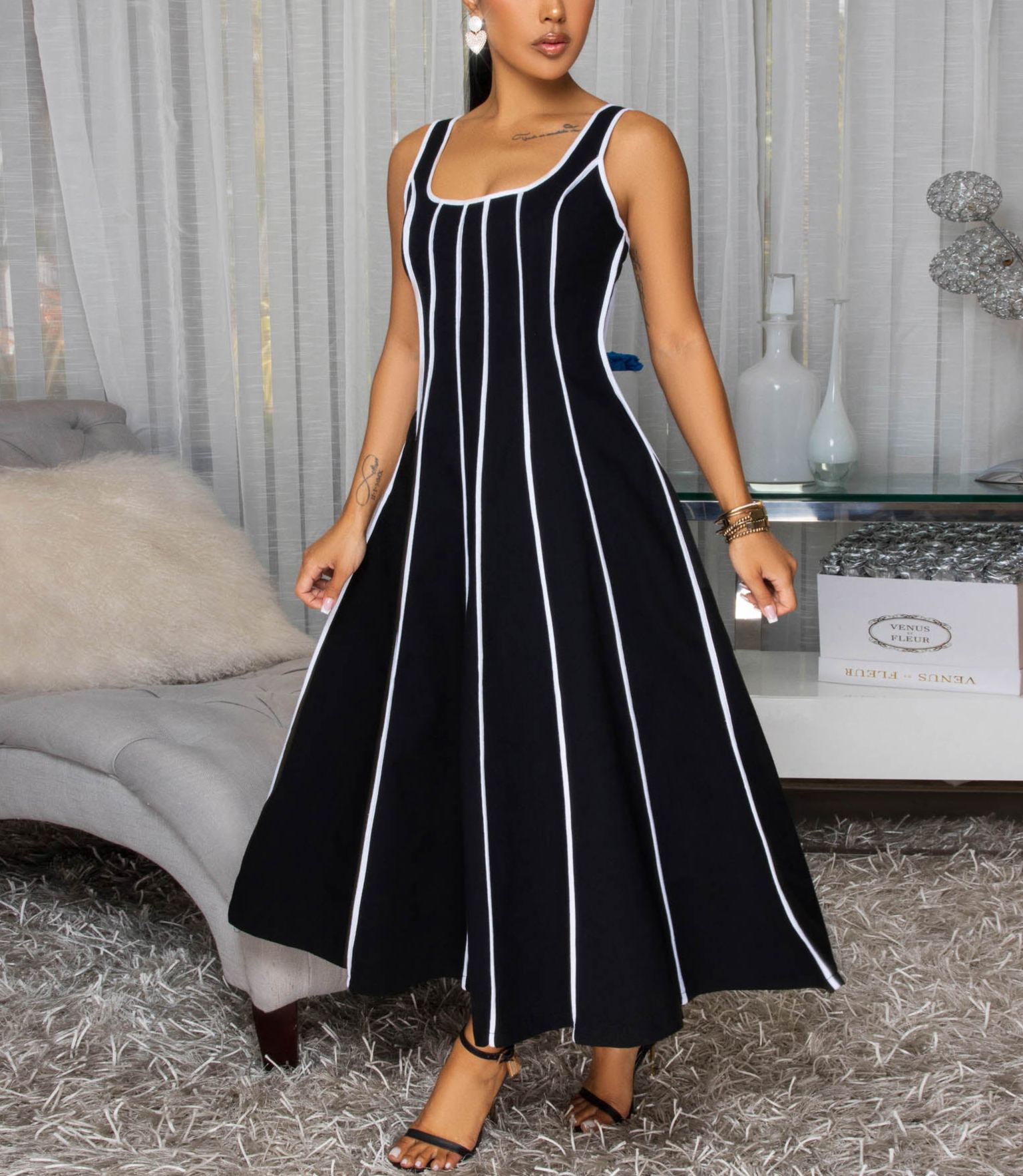 Samantha Black White Stripes Linen Midi Dress