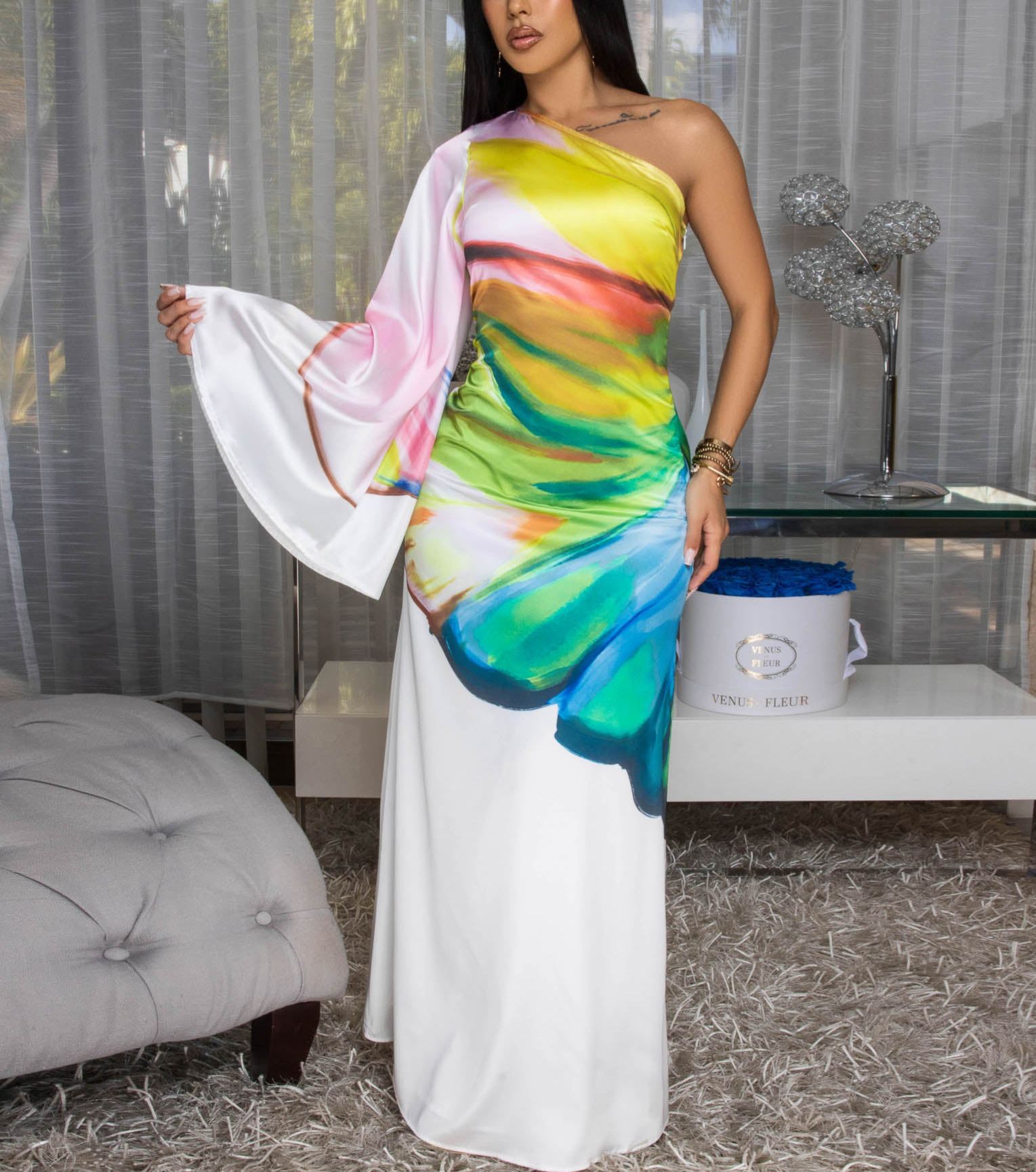 Ricci Off-White Multi-Color Print Silky Maxi Dress