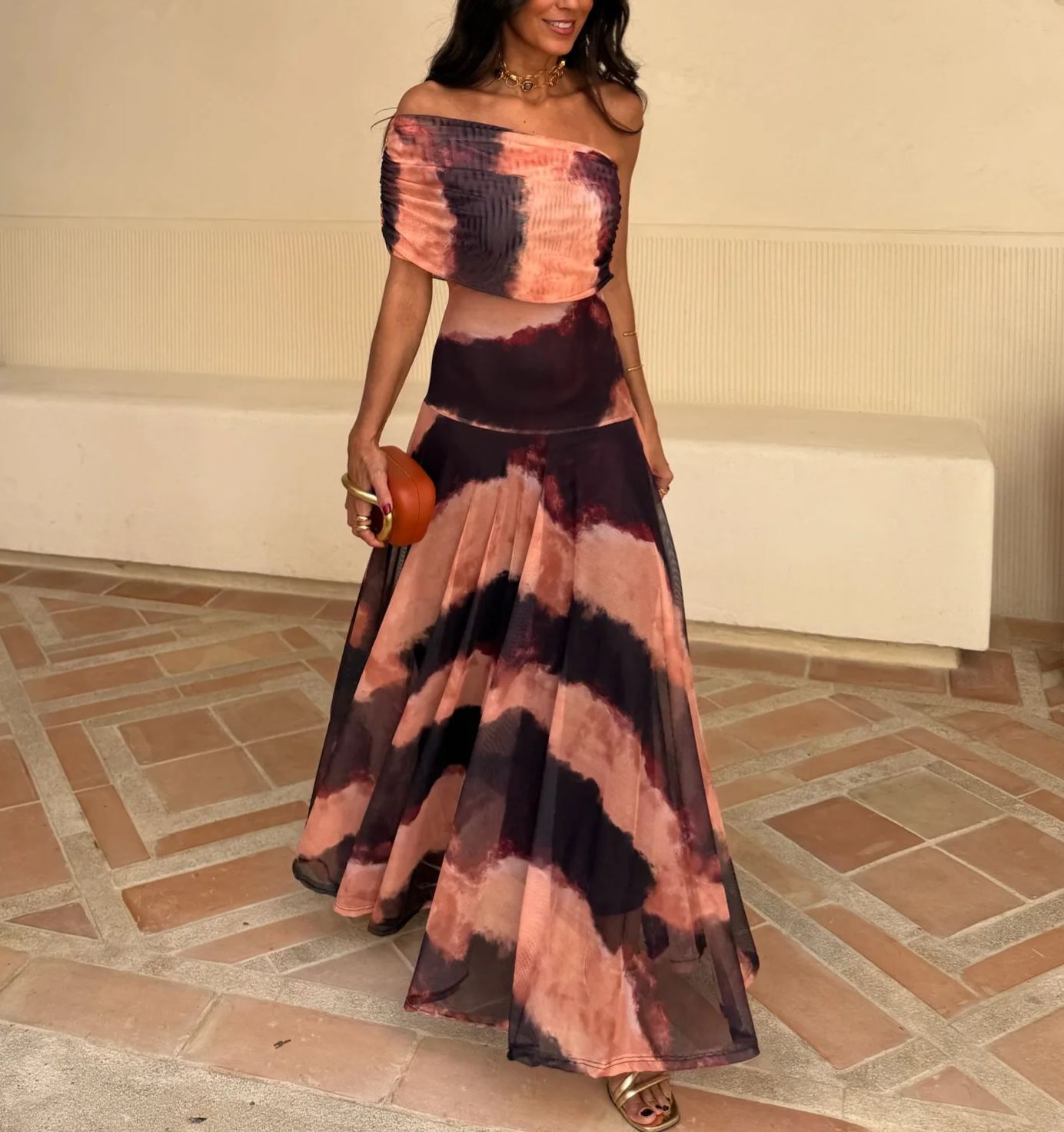 Toledo Dress in Orange and Brown Printed