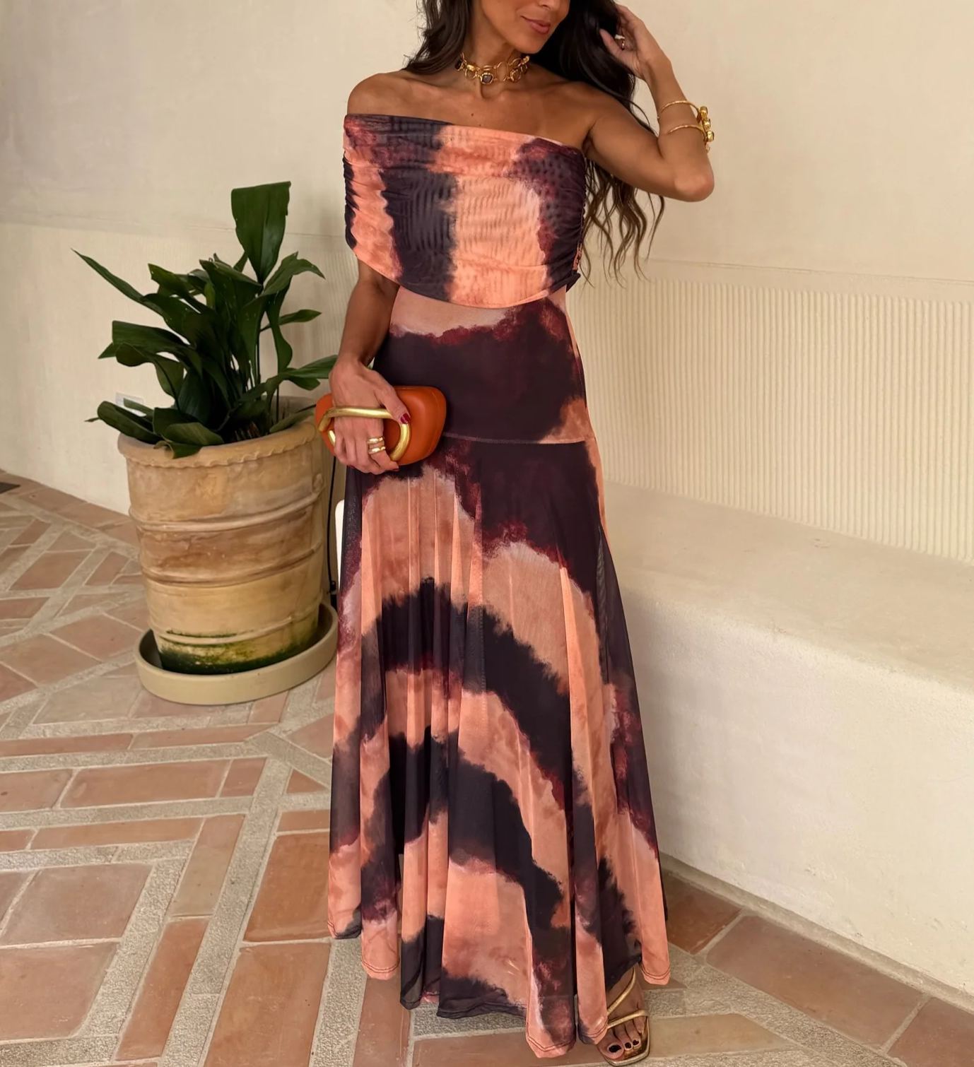 Toledo Dress in Orange and Brown Printed