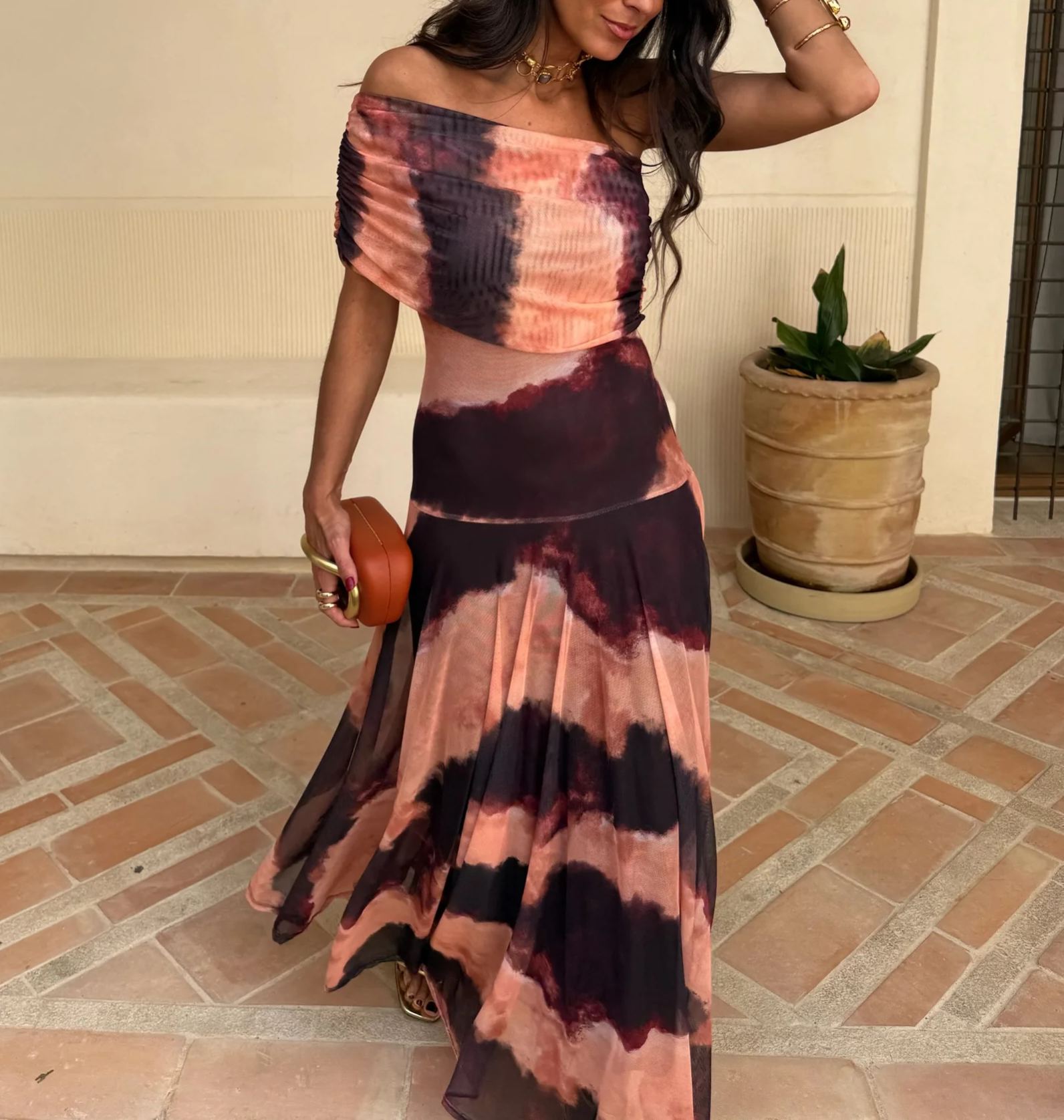 Toledo Dress in Orange and Brown Printed