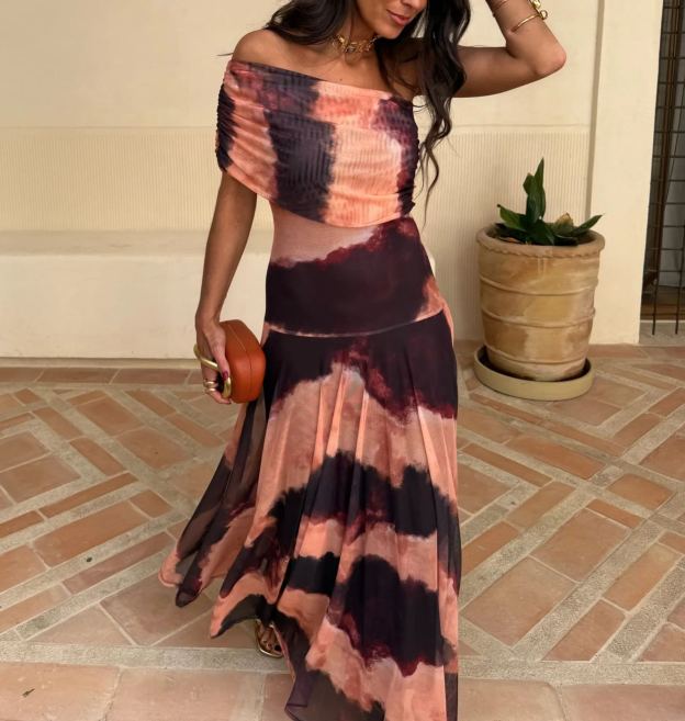 Toledo Dress in Orange and Brown Printed