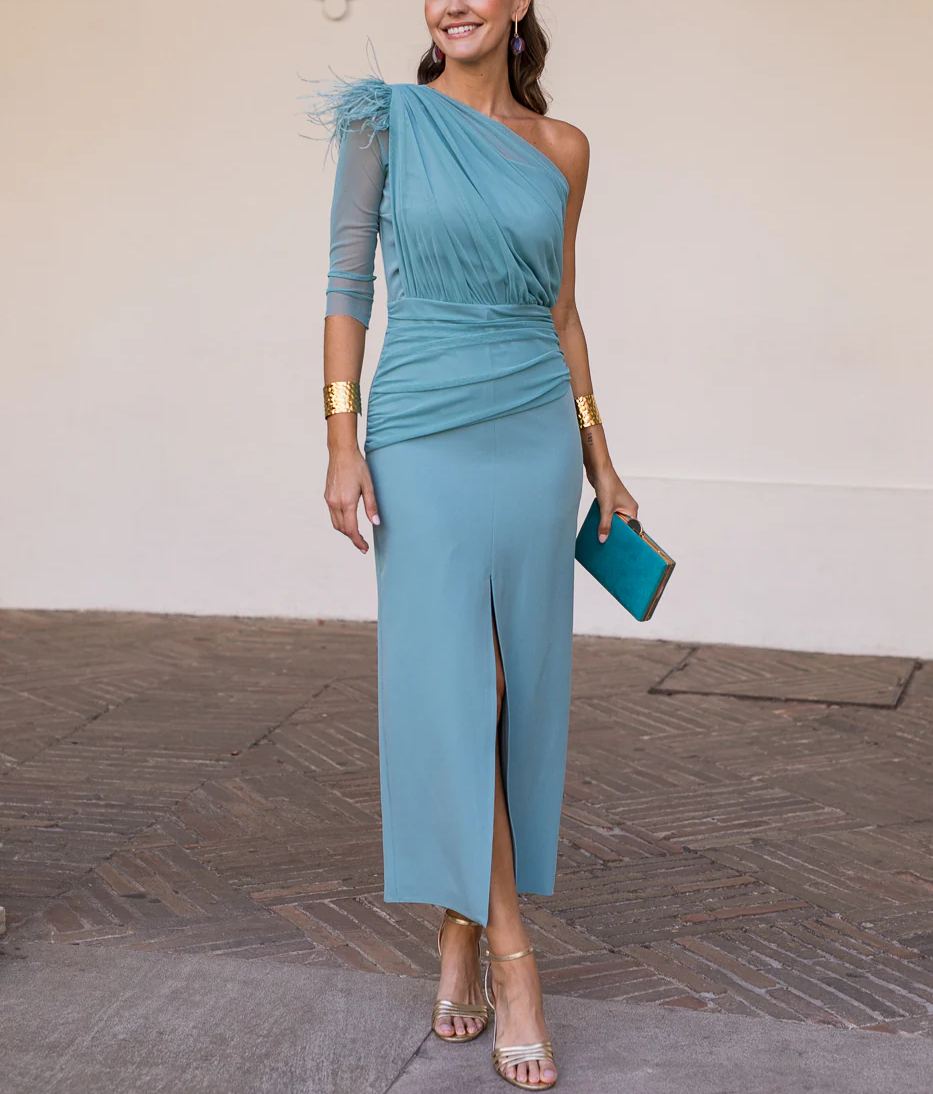Pastel blue asymmetrical draped midi dress