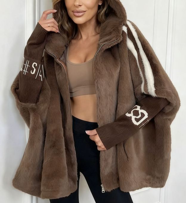 Women Plush Hooded Vertical Stripe Printed Casual Coat