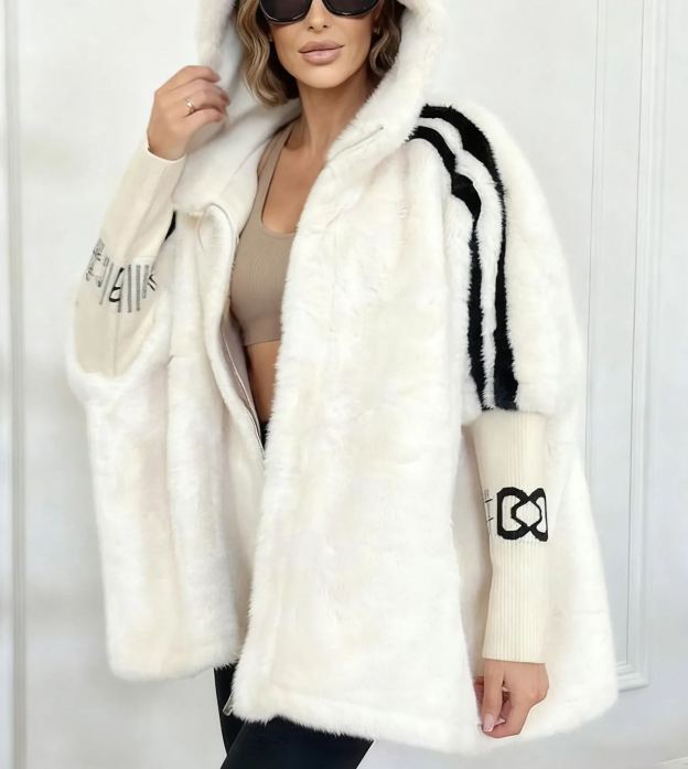 Women Plush Hooded Vertical Stripe Printed Casual Coat