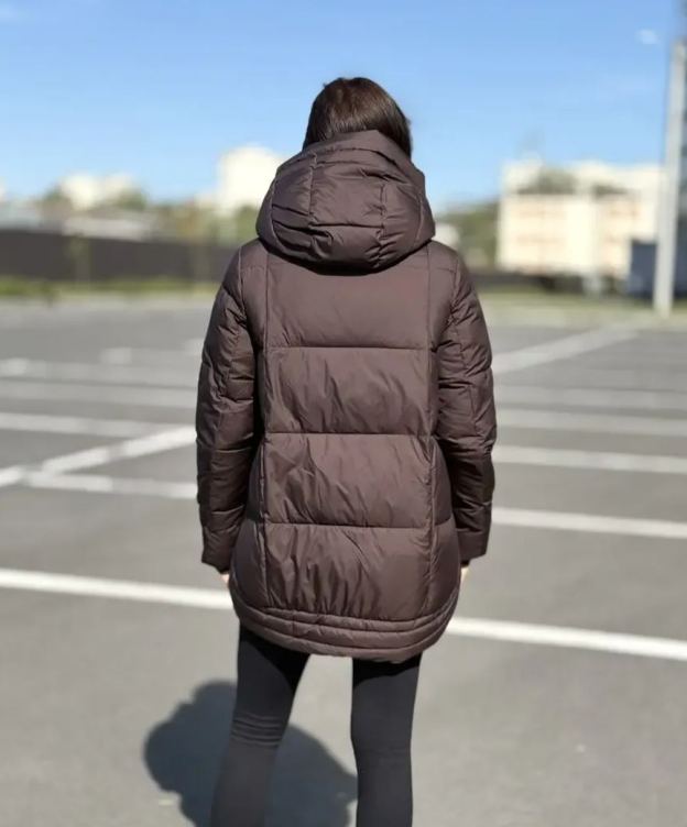 Windproof Brown Mid - Length Down Jacket with Hood and Buckles