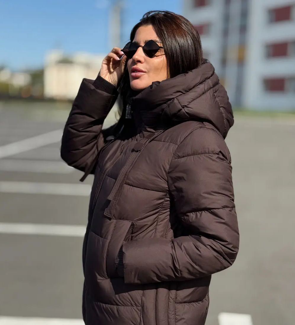 Windproof Brown Mid - Length Down Jacket with Hood and Buckles