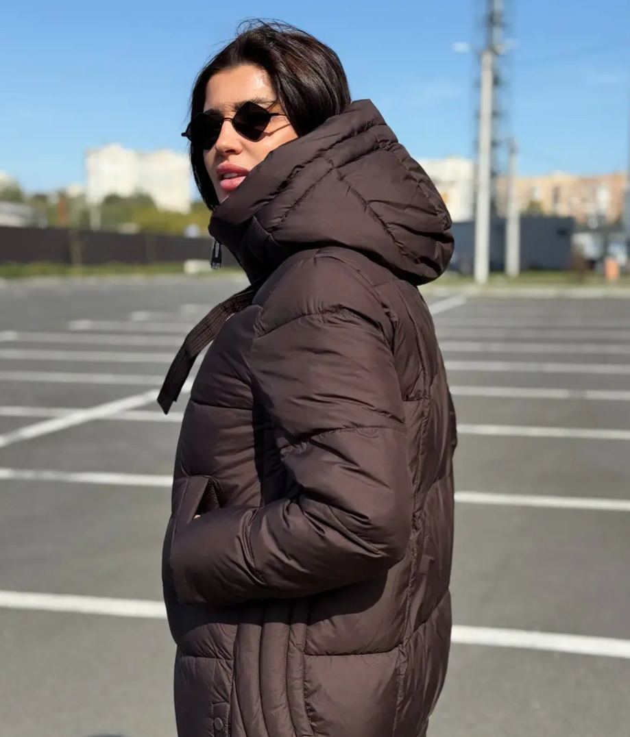 Windproof Brown Mid - Length Down Jacket with Hood and Buckles