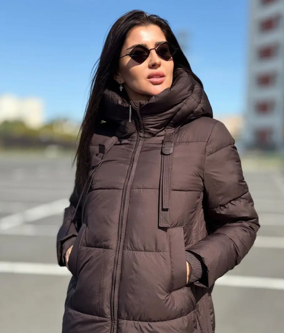 Windproof Brown Mid - Length Down Jacket with Hood and Buckles