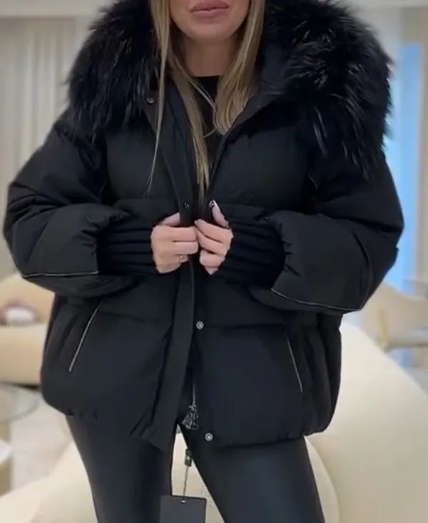 Luxury Black Down Jacket with Faux Fur Hood