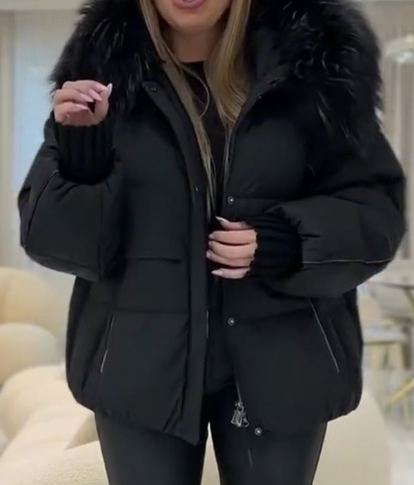 Luxury Black Down Jacket with Faux Fur Hood