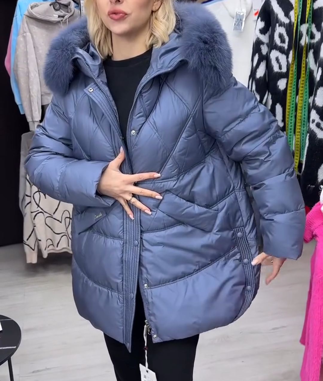 Fashion Premium Blue Down Jacket with Faux Fur Accent