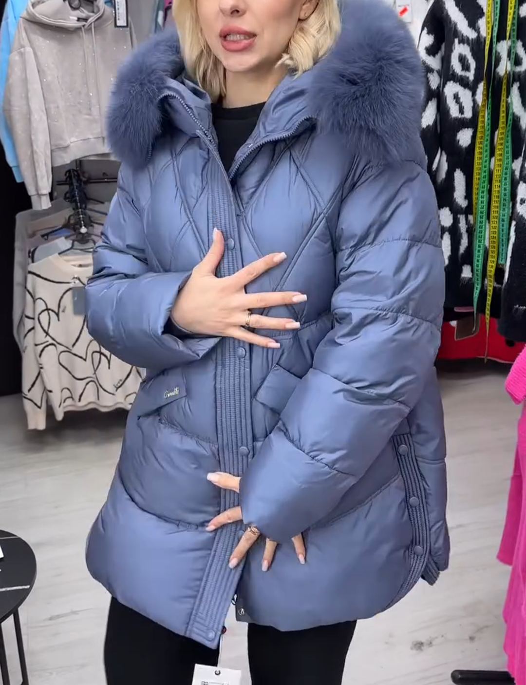 Fashion Premium Blue Down Jacket with Faux Fur Accent