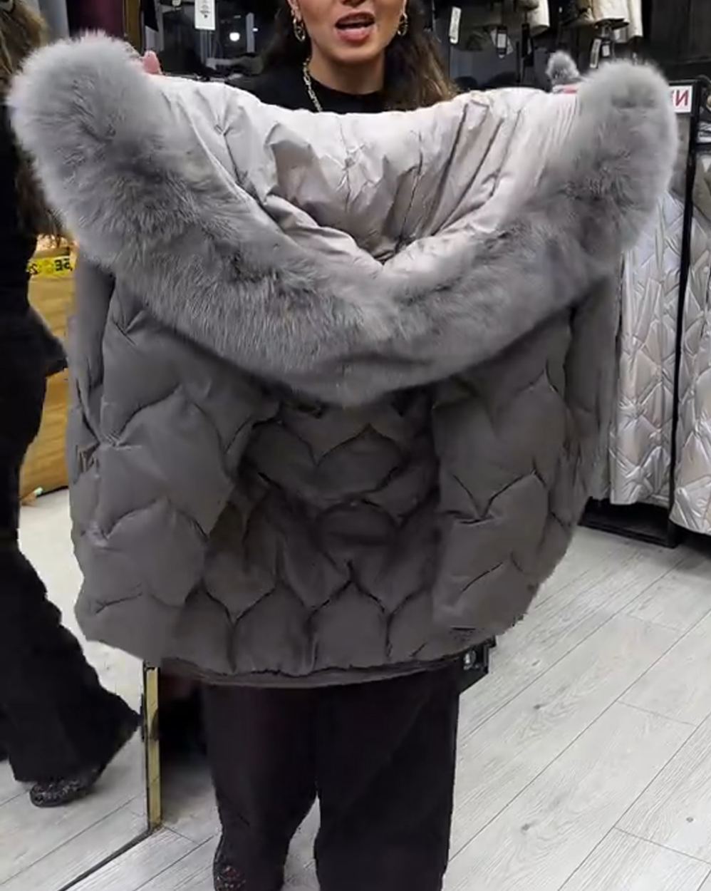 Light Luxury Warm Gray Quilted Down Coat with Faux Fur Hood
