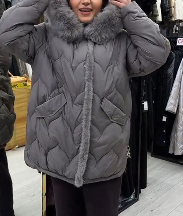 Light Luxury Warm Gray Quilted Down Coat with Faux Fur Hood