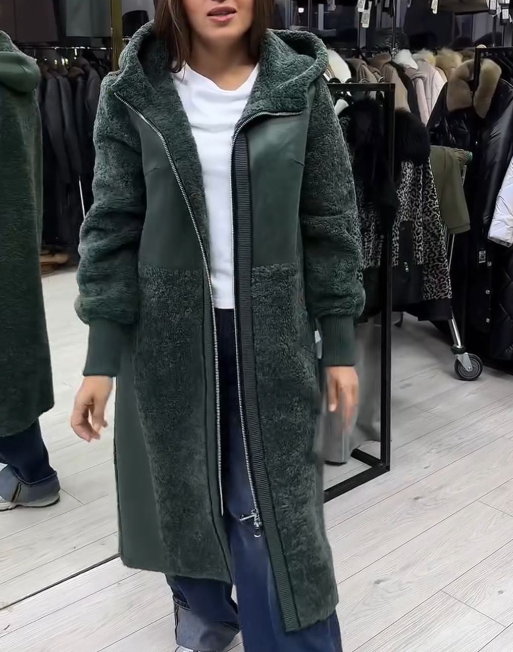 Vintage Utility Green Shearling Coat with Hood