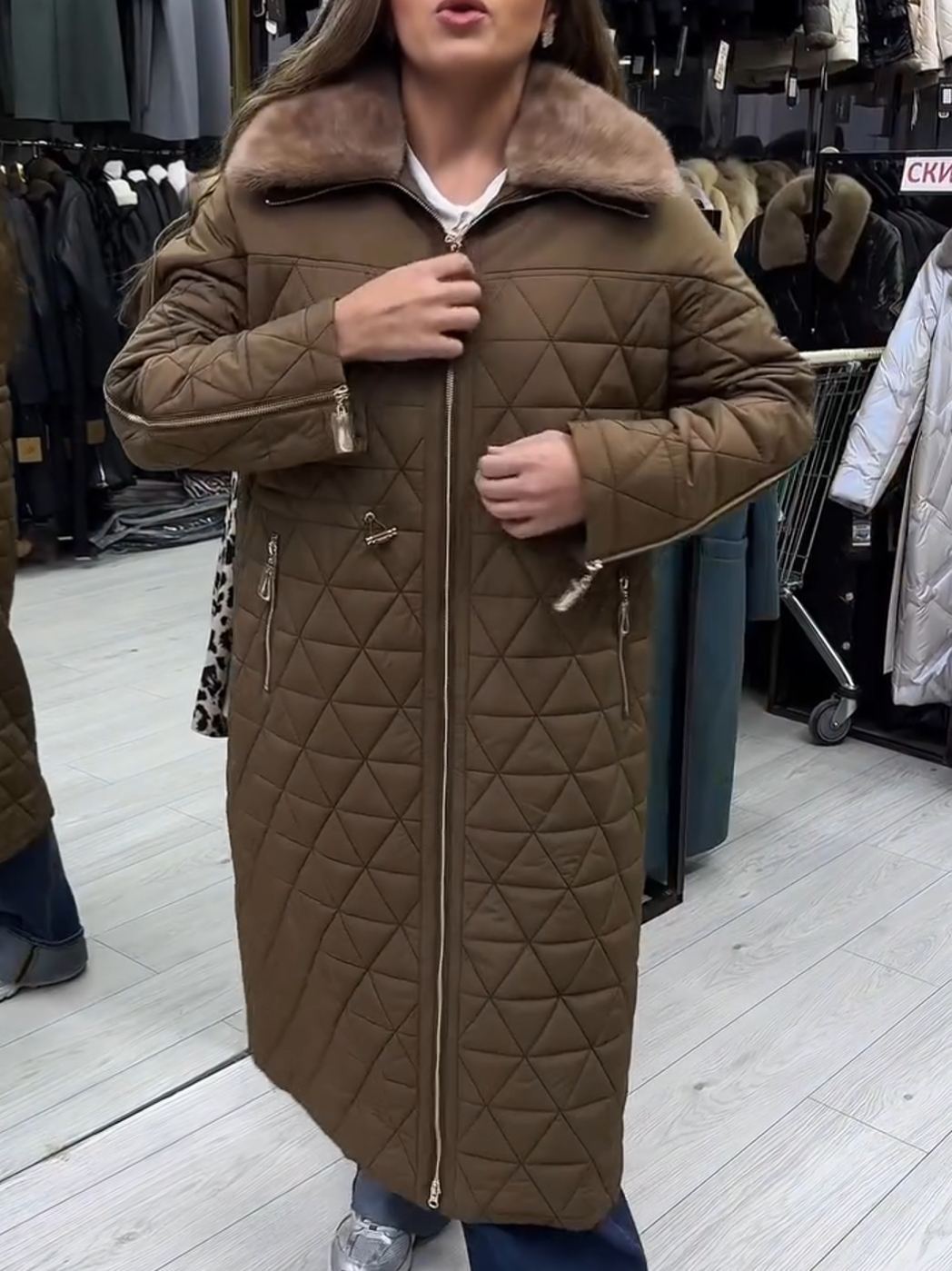 Fashion Office Brown Quilted Down Coat