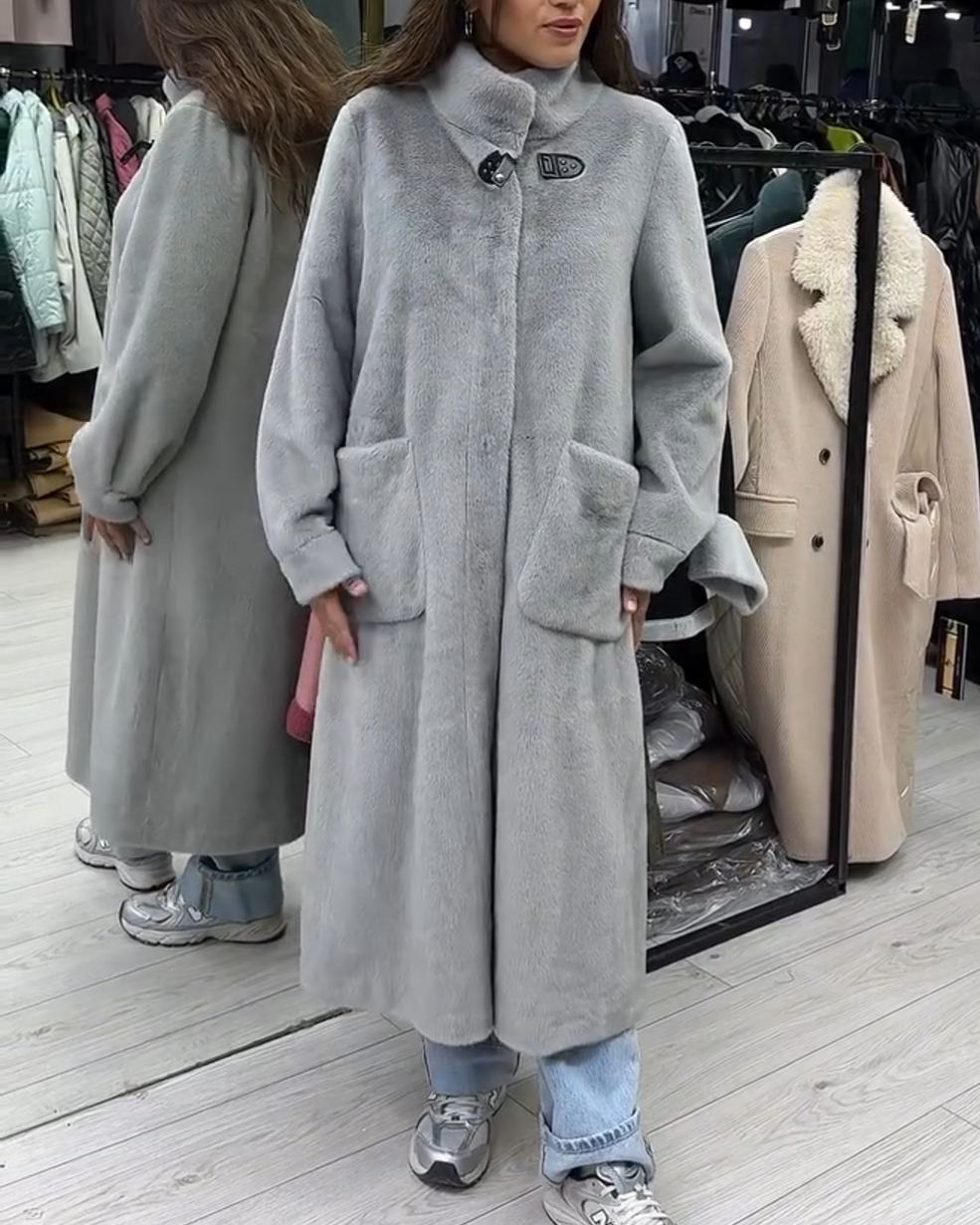 Urban Casual Light Gray Plush Faux Fur Long Coat