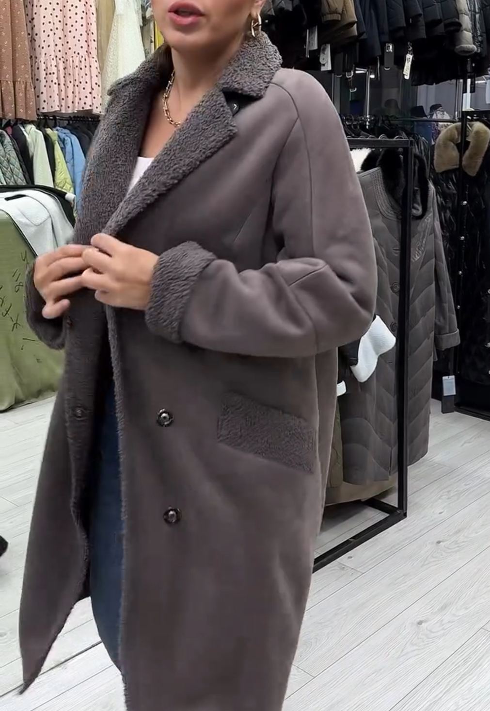Elegant Office Reversible Taupe Shearling Coat