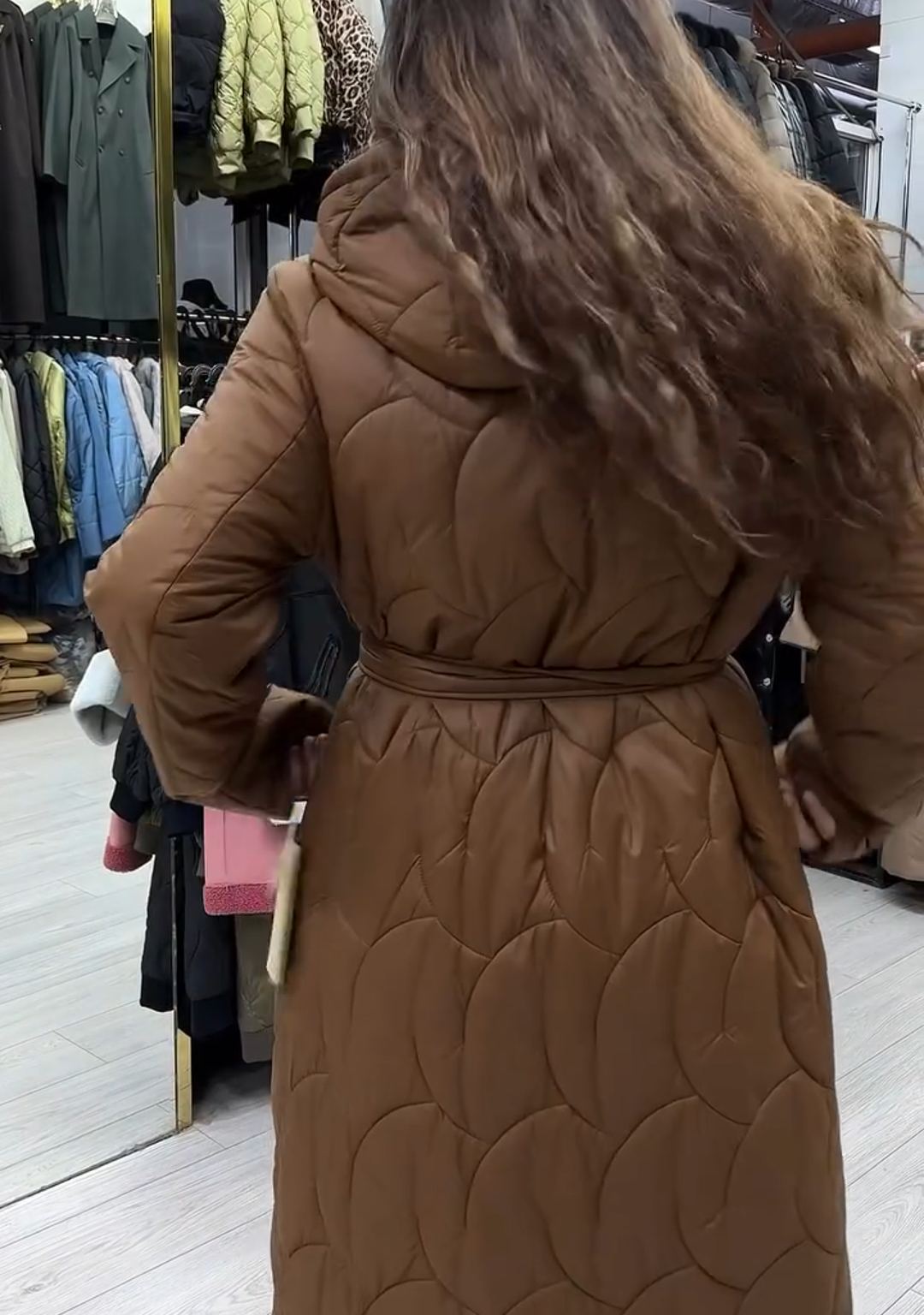 Fashion Waist-Tie Brown Quilted Down Coat