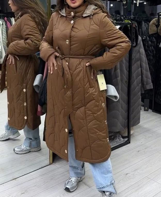 Fashion Waist-Tie Brown Quilted Down Coat