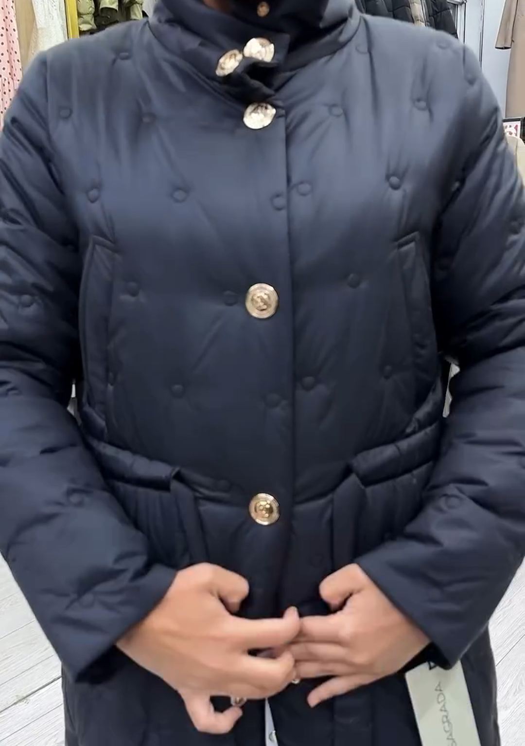 Vintage Gold-Button Black Full-Length Down Coat