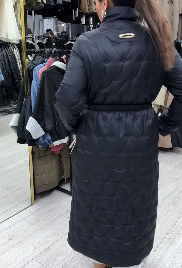 Vintage Gold-Button Black Full-Length Down Coat