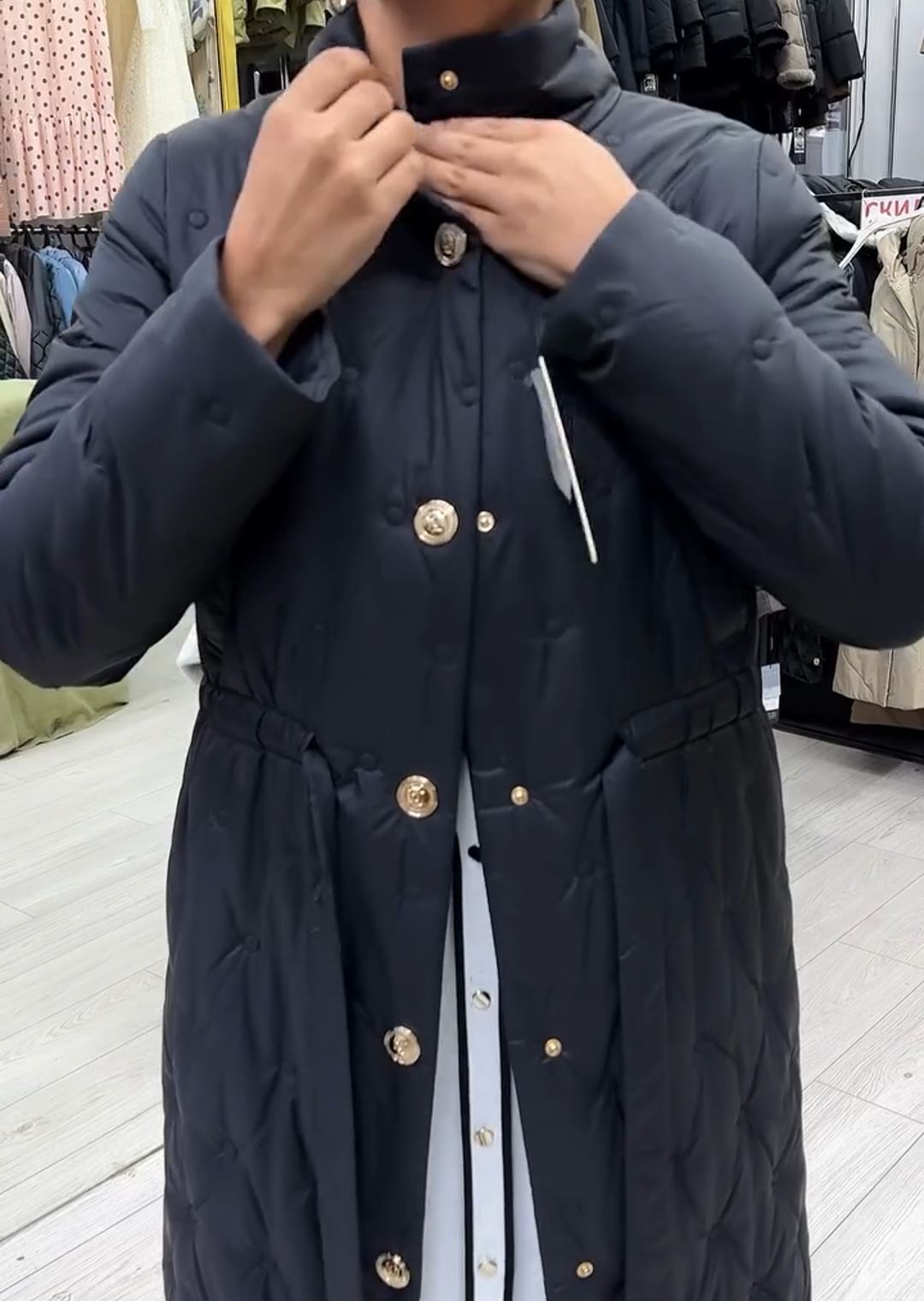 Vintage Gold-Button Black Full-Length Down Coat