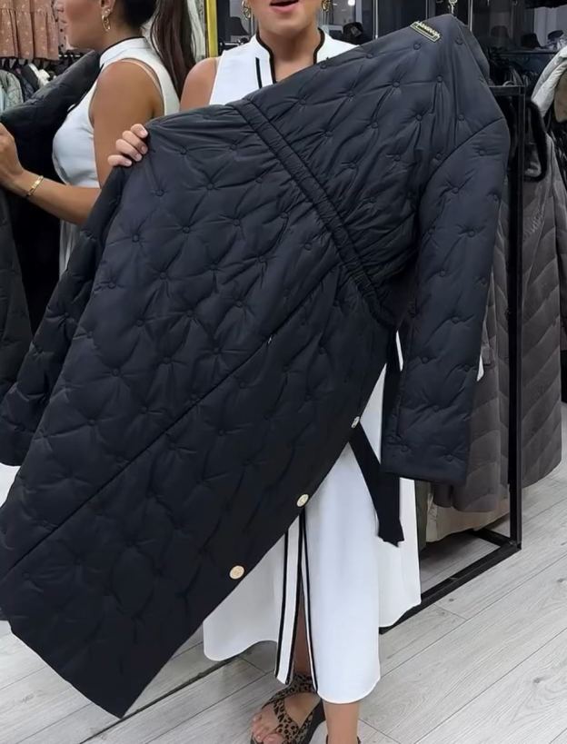 Vintage Gold-Button Black Full-Length Down Coat