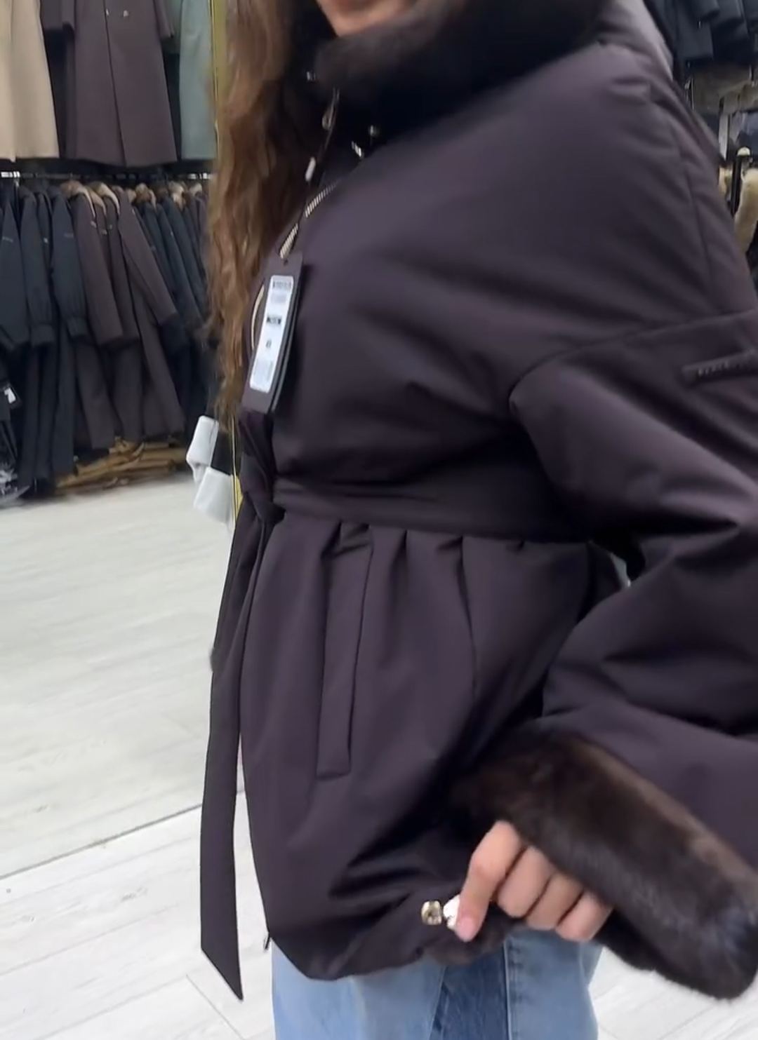 Urban Casual Dark Brown Down Coat with Waist Belt