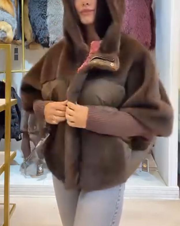 Fashion Luxe-Warm Brown Down Coat with Faux Fur Hood