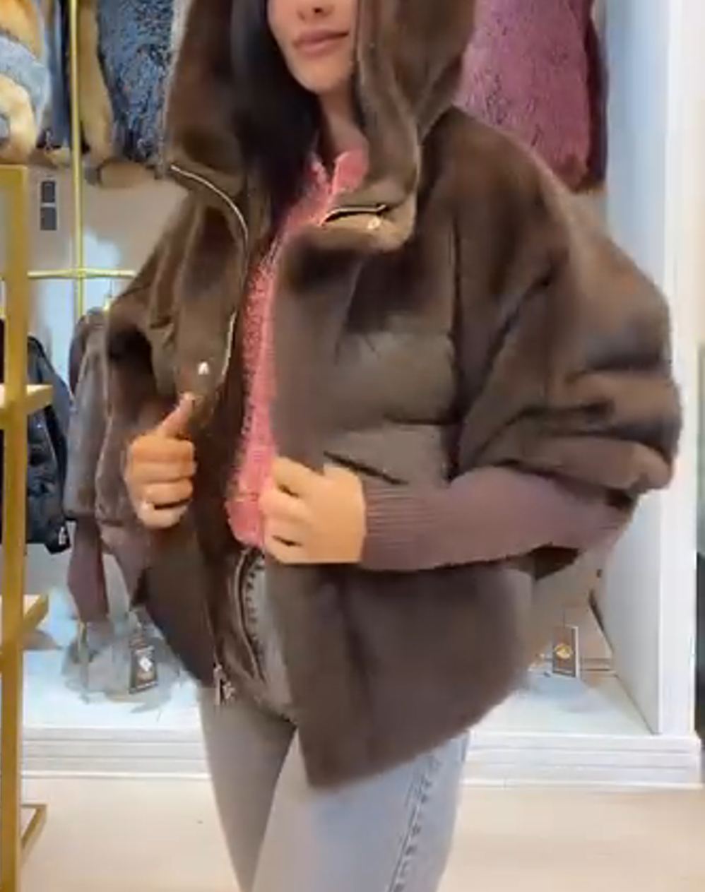 Fashion Luxe-Warm Brown Down Coat with Faux Fur Hood