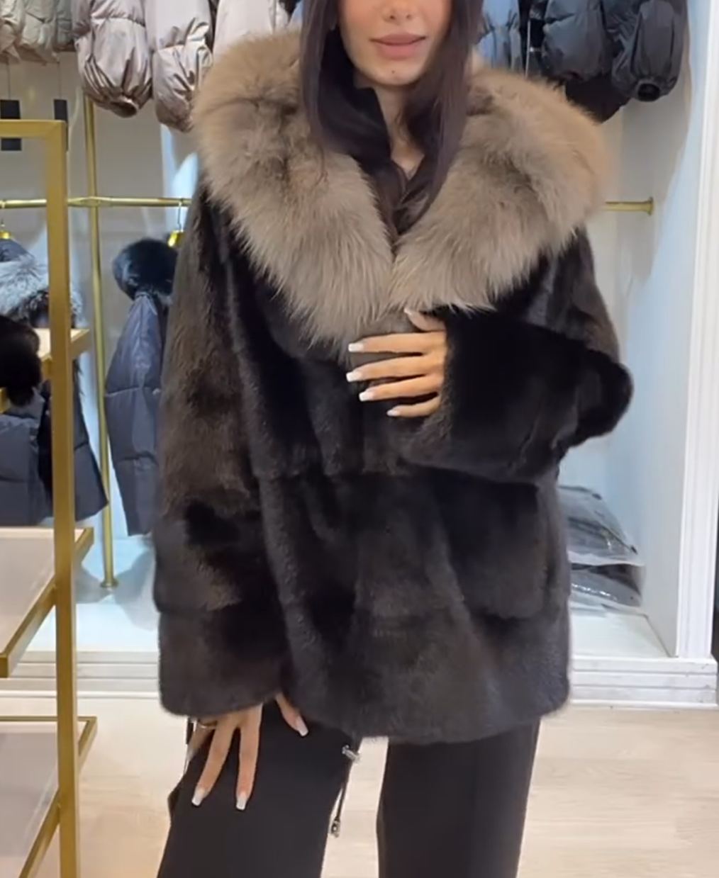 Winter Atmosphere Faux Mink Fur Coat with Two-Tone Faux Fox Hood