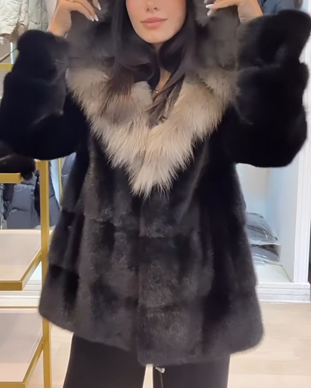 Winter Atmosphere Faux Mink Fur Coat with Two-Tone Faux Fox Hood