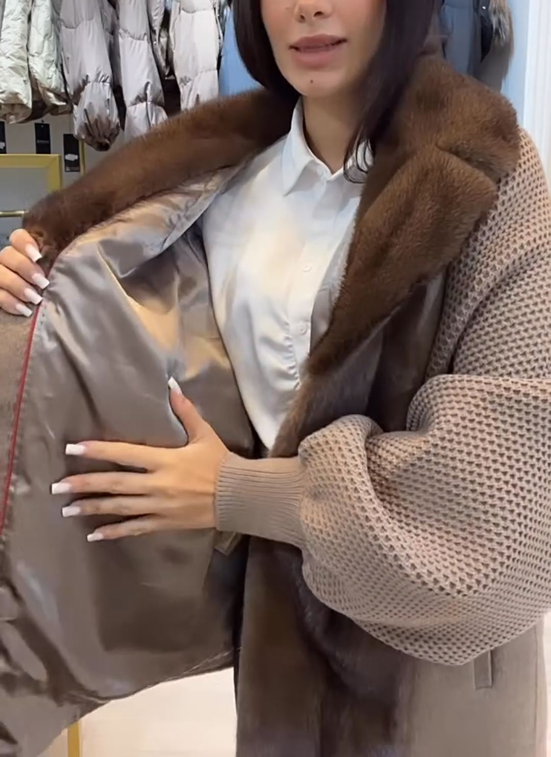 Fashion Textured Brown Faux Fur-Knit Coat