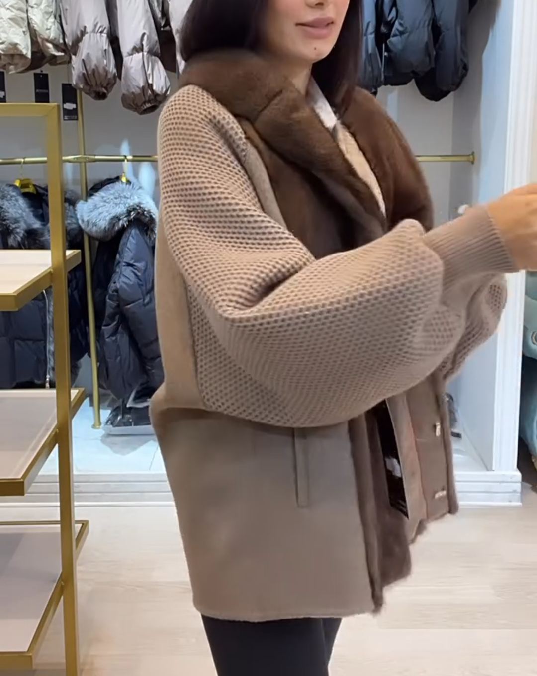 Fashion Textured Brown Faux Fur-Knit Coat