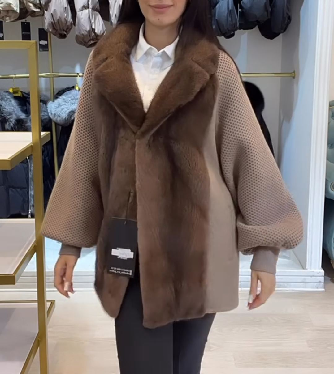 Fashion Textured Brown Faux Fur-Knit Coat
