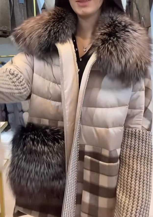 Light Luxury Textured Panel Puffer-Plaid Coat with Detachable Fur