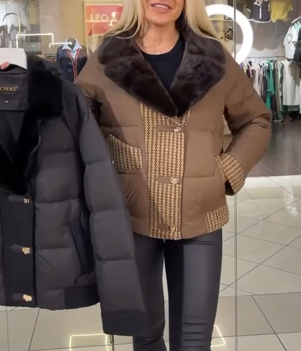 Textured Panel Brown Puffer Jacket with Faux Fur Collar