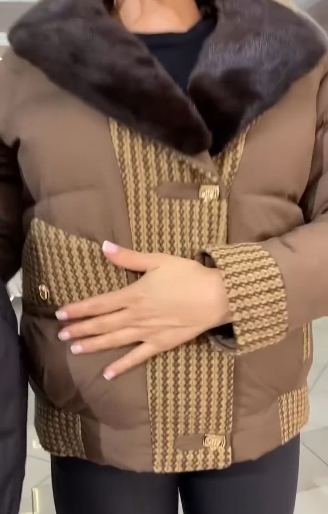 Textured Panel Brown Puffer Jacket with Faux Fur Collar