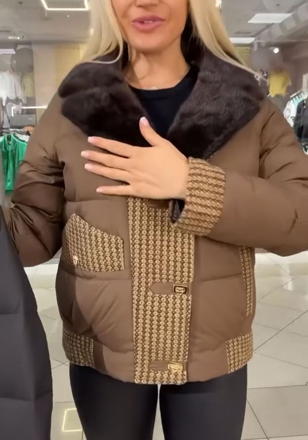 Textured Panel Brown Puffer Jacket with Faux Fur Collar